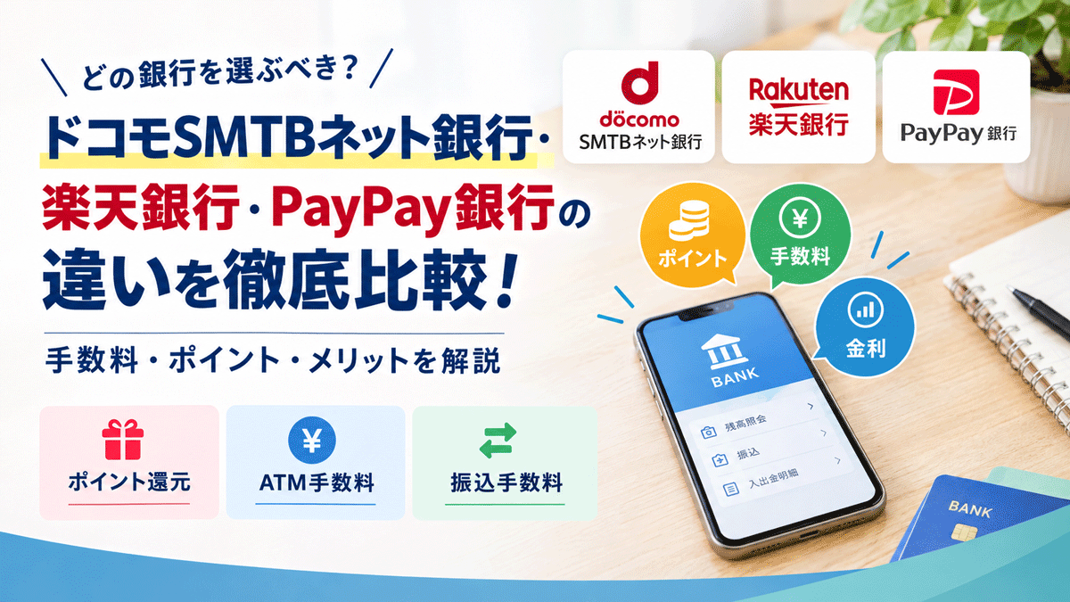 ドコモSMTBネット銀行・楽天銀行・PayPay銀行の違いを徹底比較